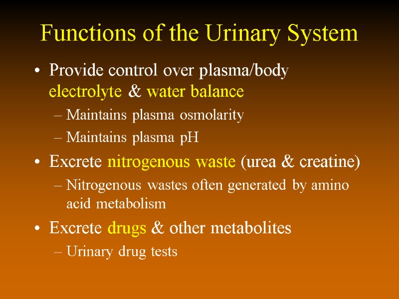 Functions of the Urinary System Provide control over plasma/body electrolyte & water balance Maintains